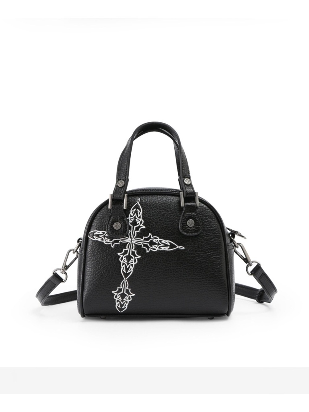 Von Dutch Black Leather Logo Dome Satchel with White Script - Picture 2 of 2